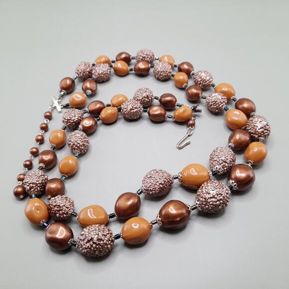 Vintage Japan Taupe Art Bead Necklace, Two Strands, 1950s, 23 Inches - Picture 10 of 14